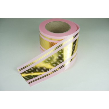 Лента PREMIUM с золотой полоской 8 см * 50 у с рисунком ЛЗПР-8 розовая -0